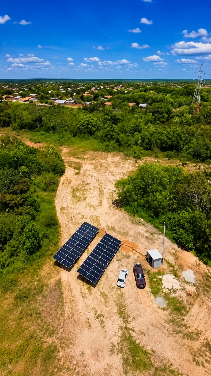 Sistema solar em solo de 25 kWp com vista aérea